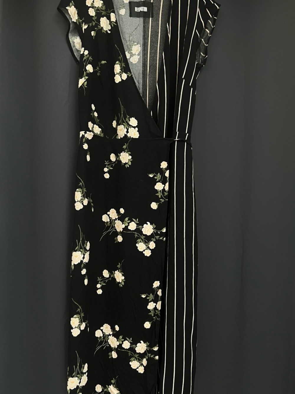 REFORMATION; Sabrina Dress; Floral & Stripe Wrap Dress - Black